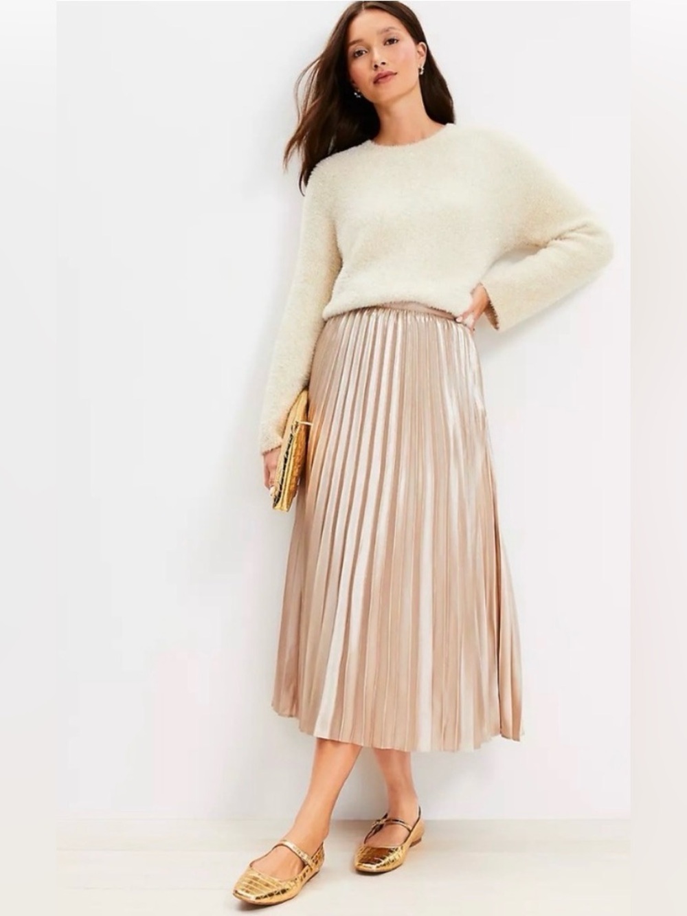 LOFT Gold Metallic Pleated Midi Skirt